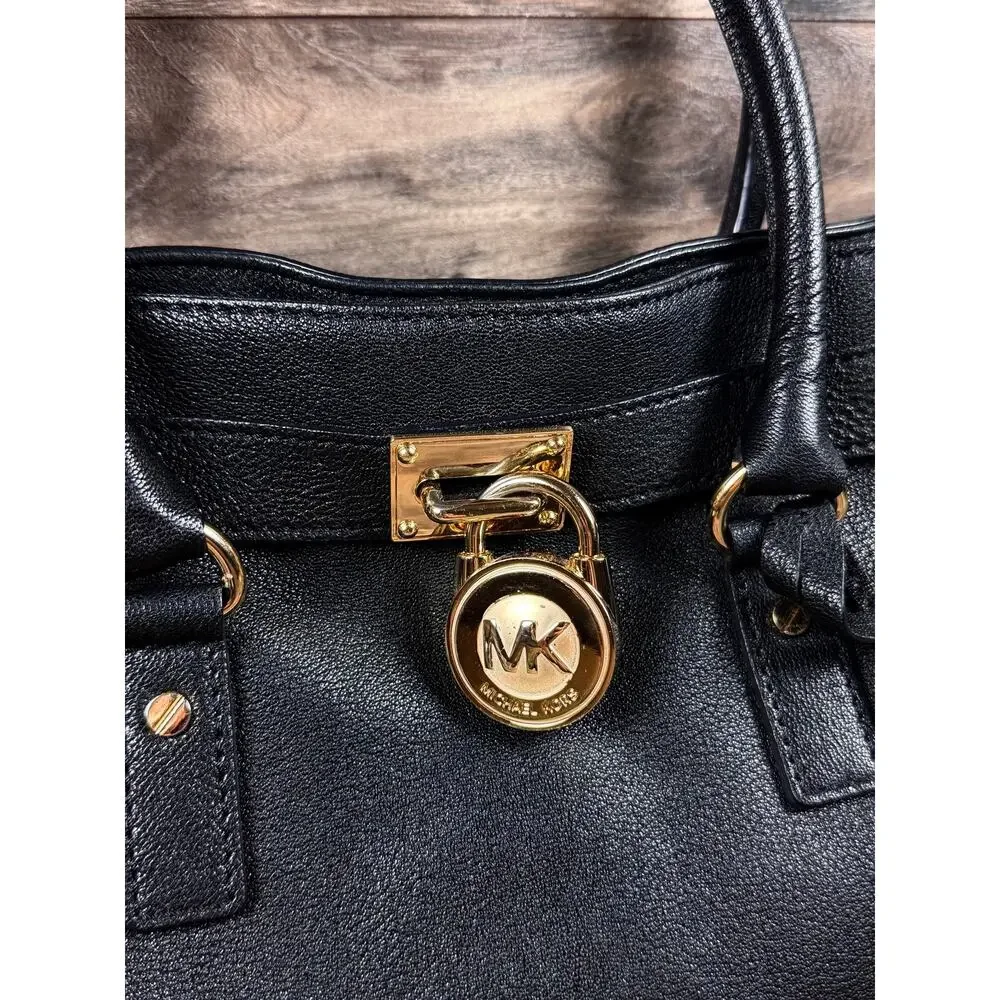 Michael Kors Hamilton Large East West Tote Black Pebbled Leather Gold
